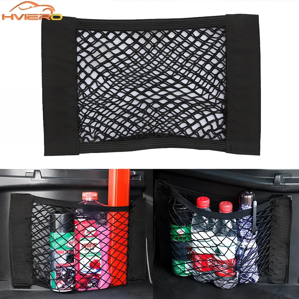 1X rear luggage organizer for car, mesh seat mesh, elastic rope, magic sticker, universal case, pocket to automatically store paper