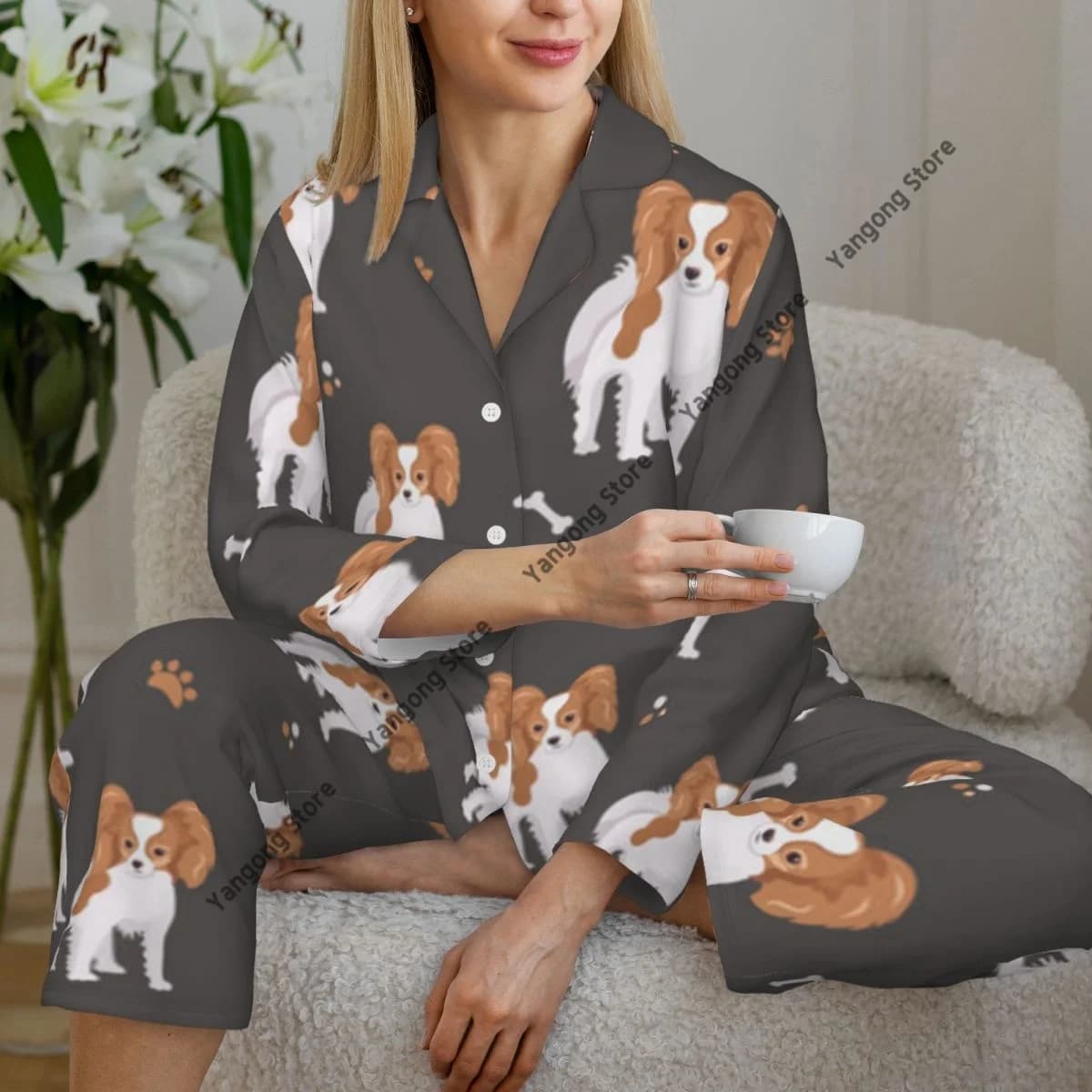 Pigiama da donna a maniche lunghe per ragazza Pigiama da due pezzi Papillon Dog Cartoon Pigiama per cuccioli carini per l'autunno primavera