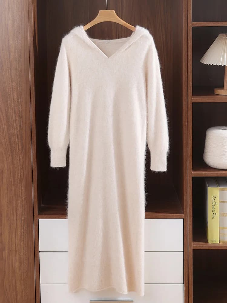 TLOML Women's 100% Mink Cashmere Dress Hoodie Pullover Casual Style Autumn Winter Solid Soft Warm Cashmere Knitted Long Dress