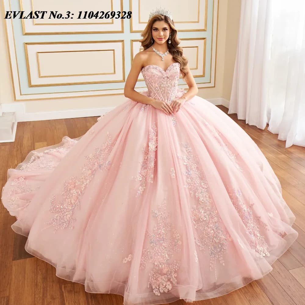 EVLAST Personalizzato Rosa Lucido Abito Quinceanera Abito di Sfera Applique di Pizzo Che Borda Corsetto Arco Dolce 16 Vestido De 15 Anos E3Q216