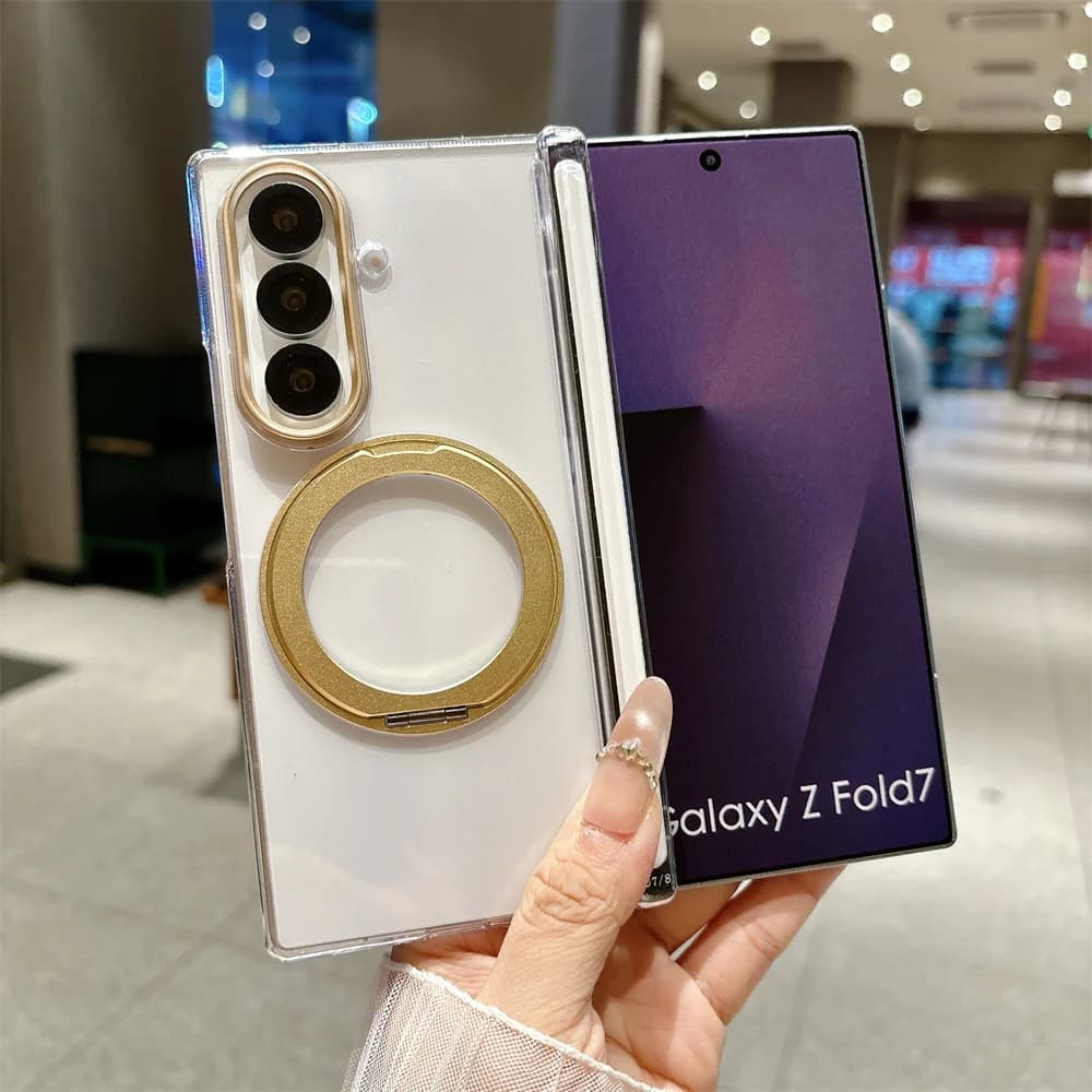 Custodia Magnetica per Ricarica Wireless per Samsung Galaxy Z Fold 8 7 6 5 Fold8 Trasparente con Anello Girevole e Supporto Antiurto
