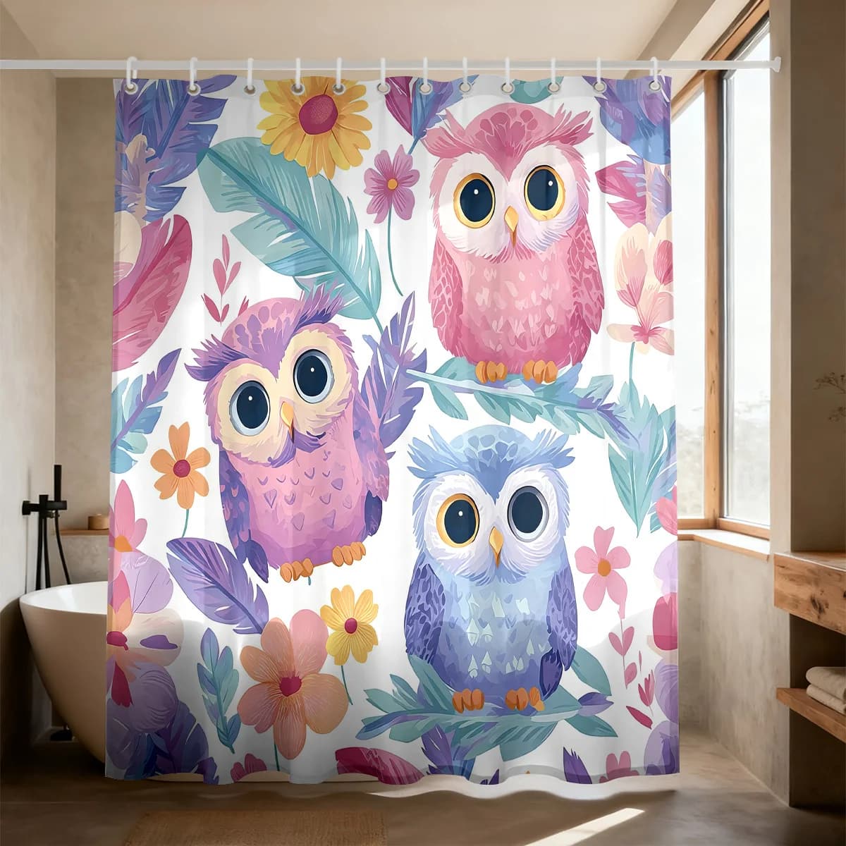 Cute Pastel Owl Shower Curtain Polyester Digital Printing Lovely Cartoon Pink Purple Blue Owls Sitting On Branches, Vibrant