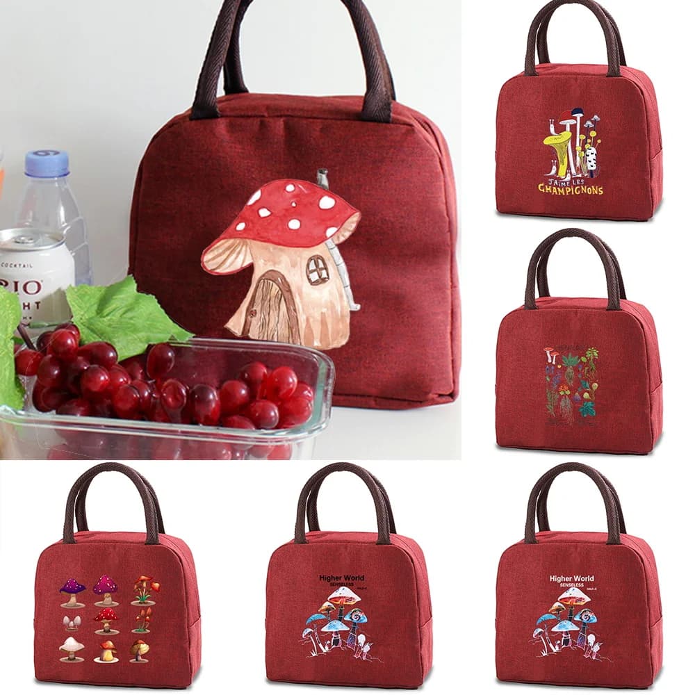 Borsa termica per il pranzo con stampa funghi, borsa frigo isolata in tela, contenitore termico per alimenti, borsa per il pranzo per scuola, picnic e viaggi