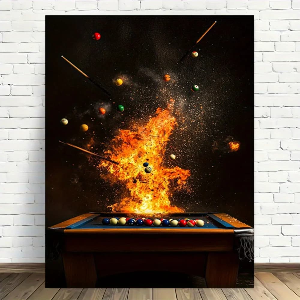1pc Frameless Canvas Wall Art - Flaming Pool Table with Balls & Cues, Modern Vintage Design, High-Quality Printed Poster, Ver