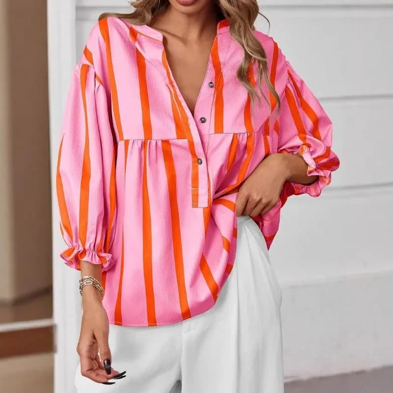Camicie da donna di nuova moda estiva 2025 Top larghi con scollo a V con maniche a palloncino stampate a righe