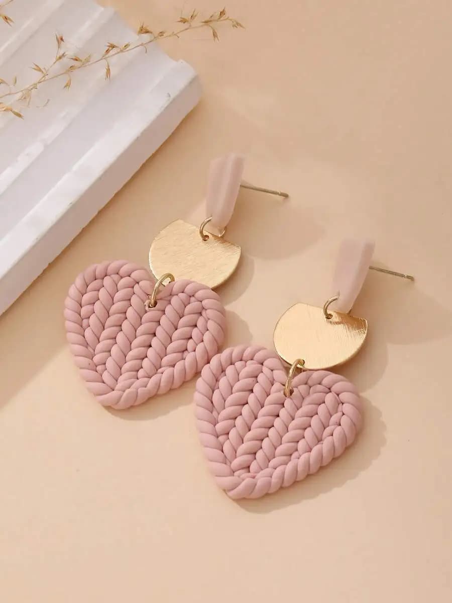 Pink Handwoven Heart Polymer Clay Earrings With Brushed Metal Semi-Circle Accent For Women