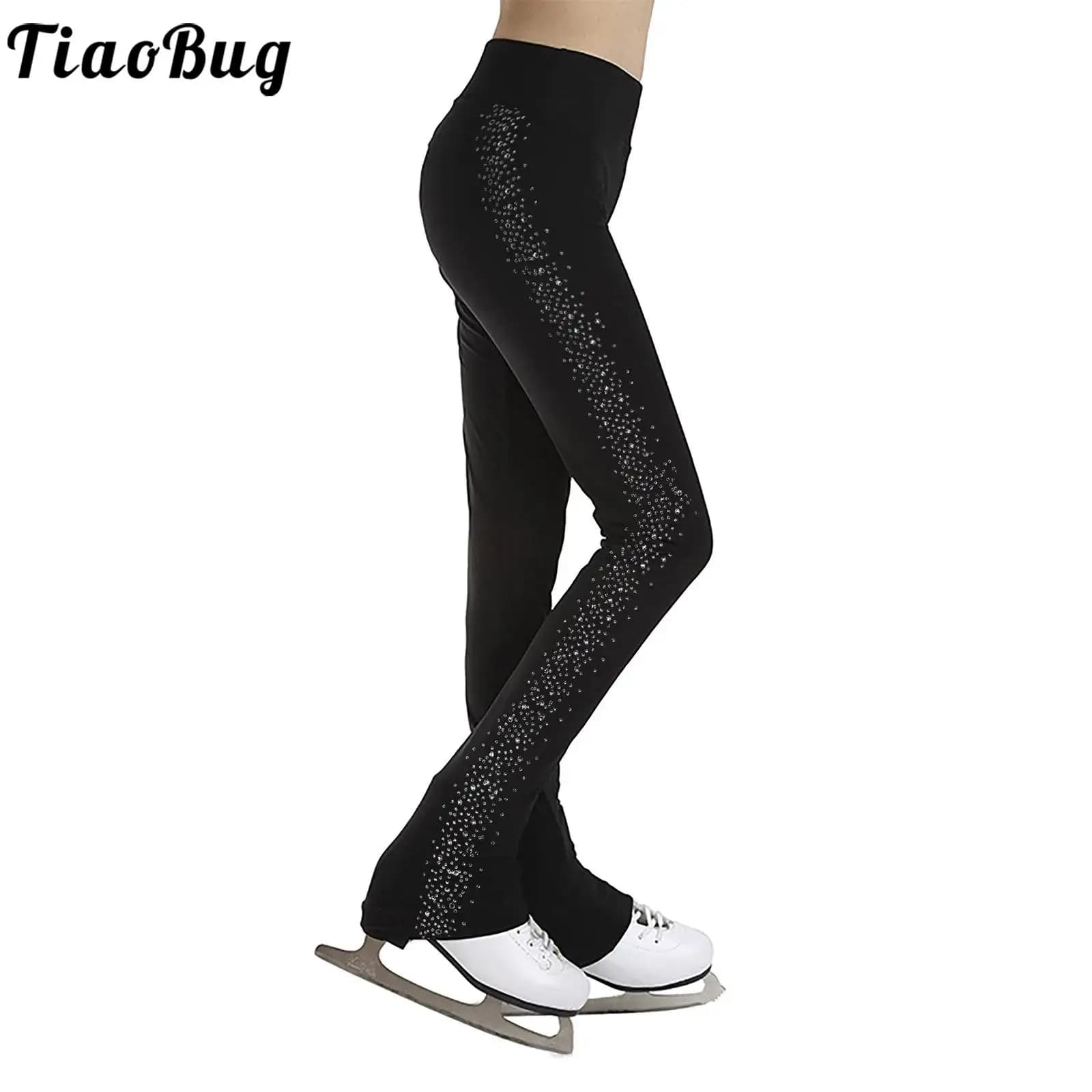 Bambini Ragazze Strass lucidi Pantaloni da pattinaggio di figura Collant Leggings Pattinaggio su ghiaccio Ginnastica Allenamento Costume da spettacolo di danza