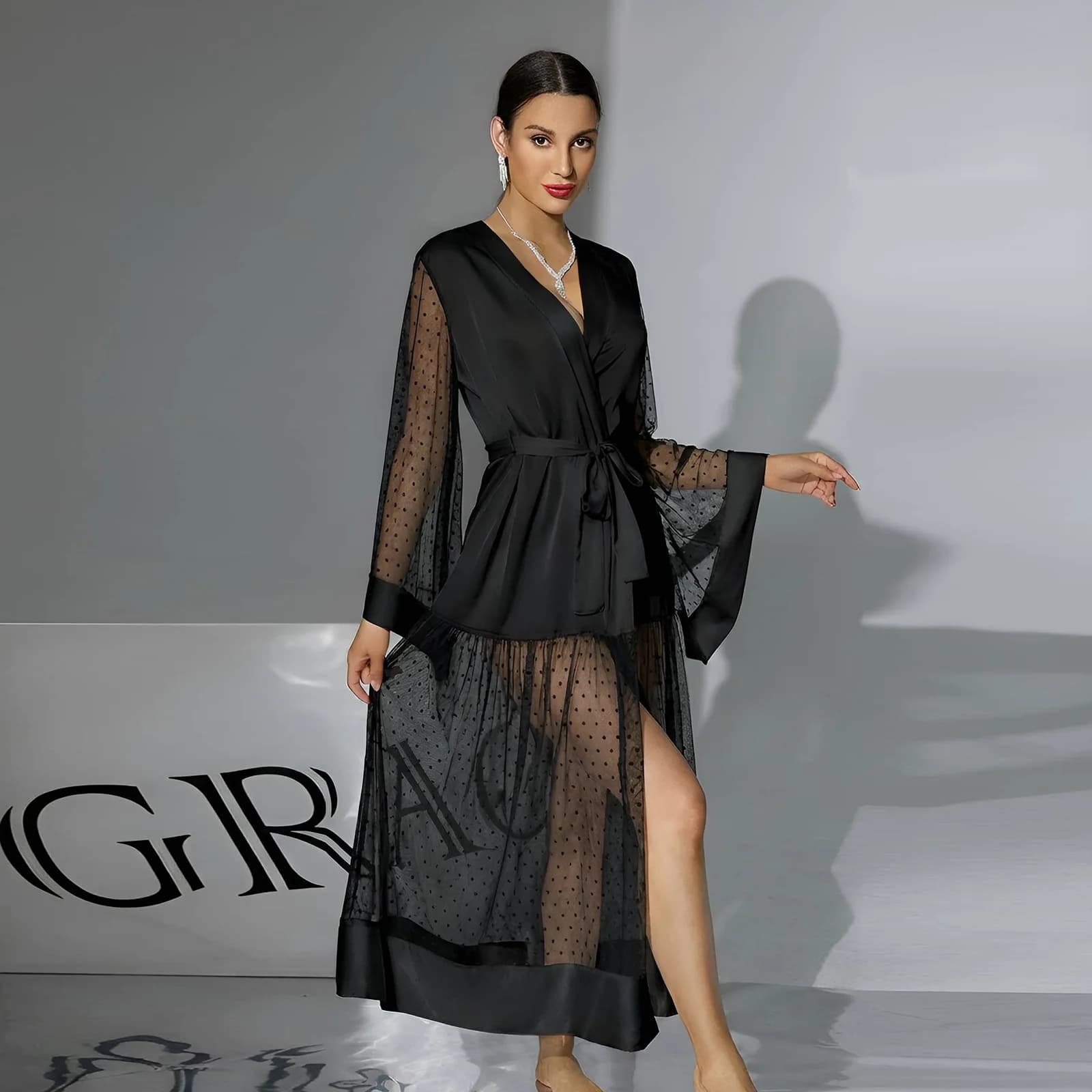 Satin Polka Dot Mesh Flared Sleeve Long Robe Set Tie Belt Bathrobe Multicolor Elegant Loungewear Homewear Romantic