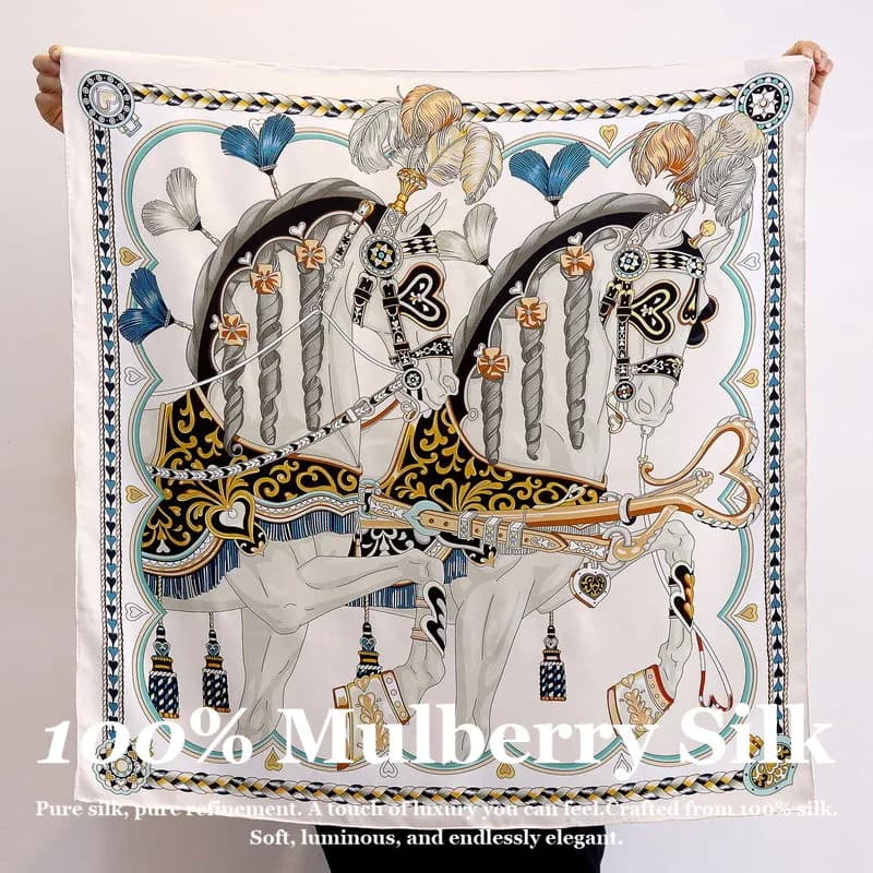 Elegant Scarf Square 90x90cm in Vera 100% Gelso Silk with Printing Horse, Scarves and Women's scarves, Hijab, Hairband, Bandana