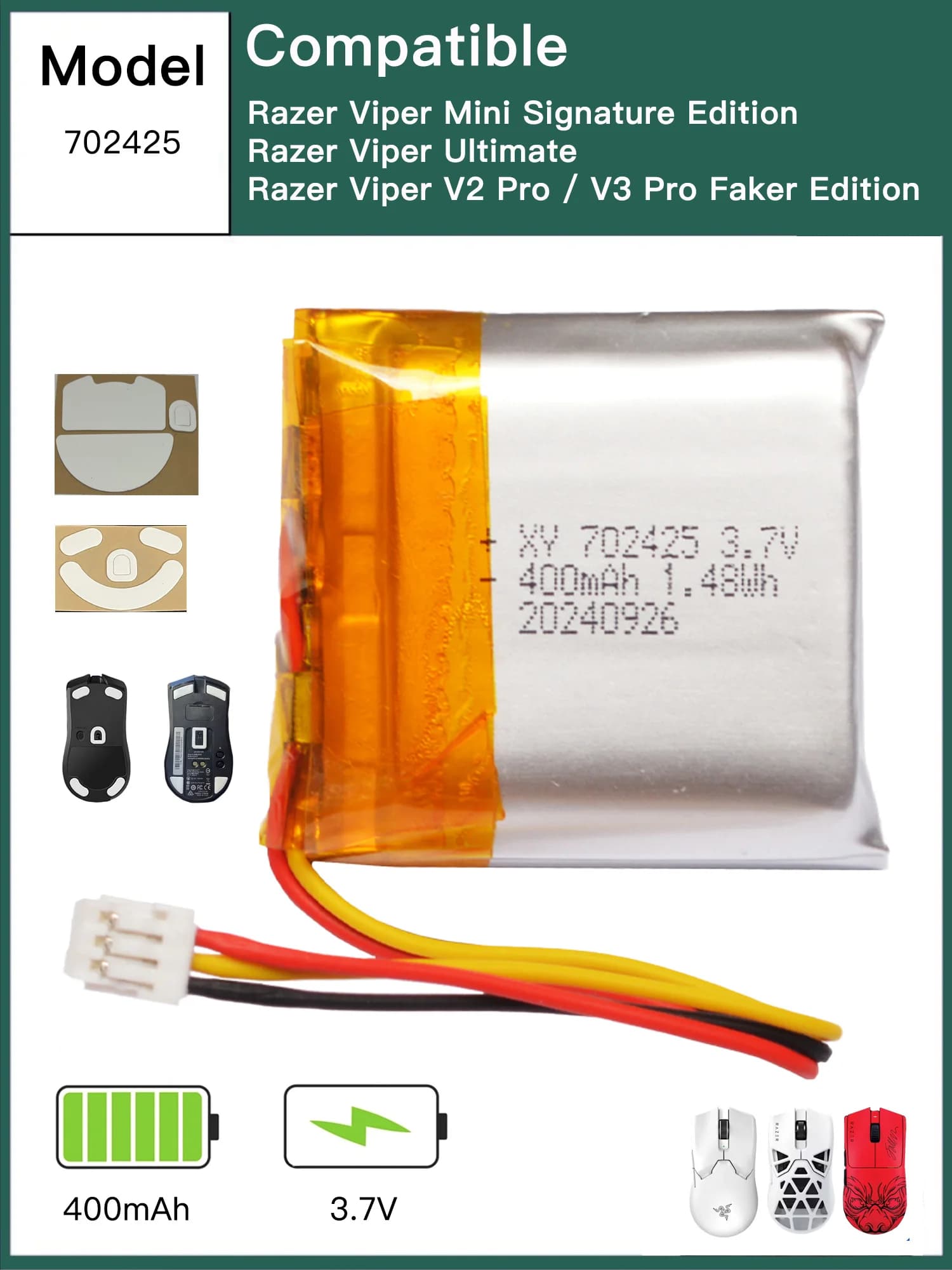 Batteria sostitutiva per mouse da 400 mAh per Razer Viper V2 Pro, V3 Pro Faker Edition, Viper Mini Signature Edition, Viper Ultimate