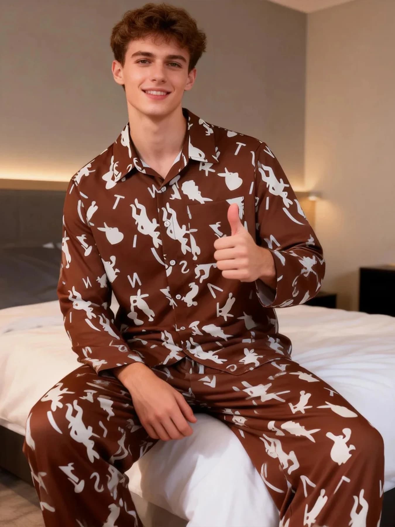 Complete fashionable men's pajamas for the house, set with long sleeve shirt and pants with original print