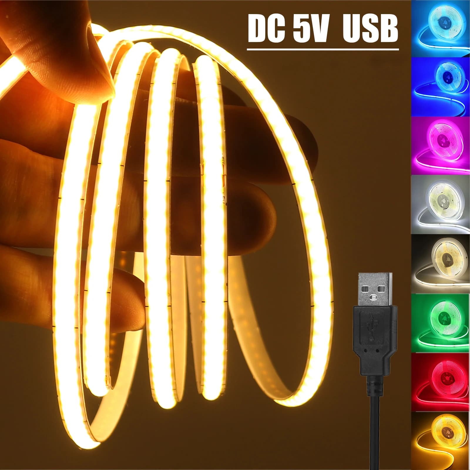 DC5V USB COB Striscia Larghezza 3MM 5MM 8MM Bianco/Rosa/Rosso/Giallo/Blu ghiaccio/Verde TV Retroilluminazione Decorazioni per la casa Nastro flessibile Corda LED Luce