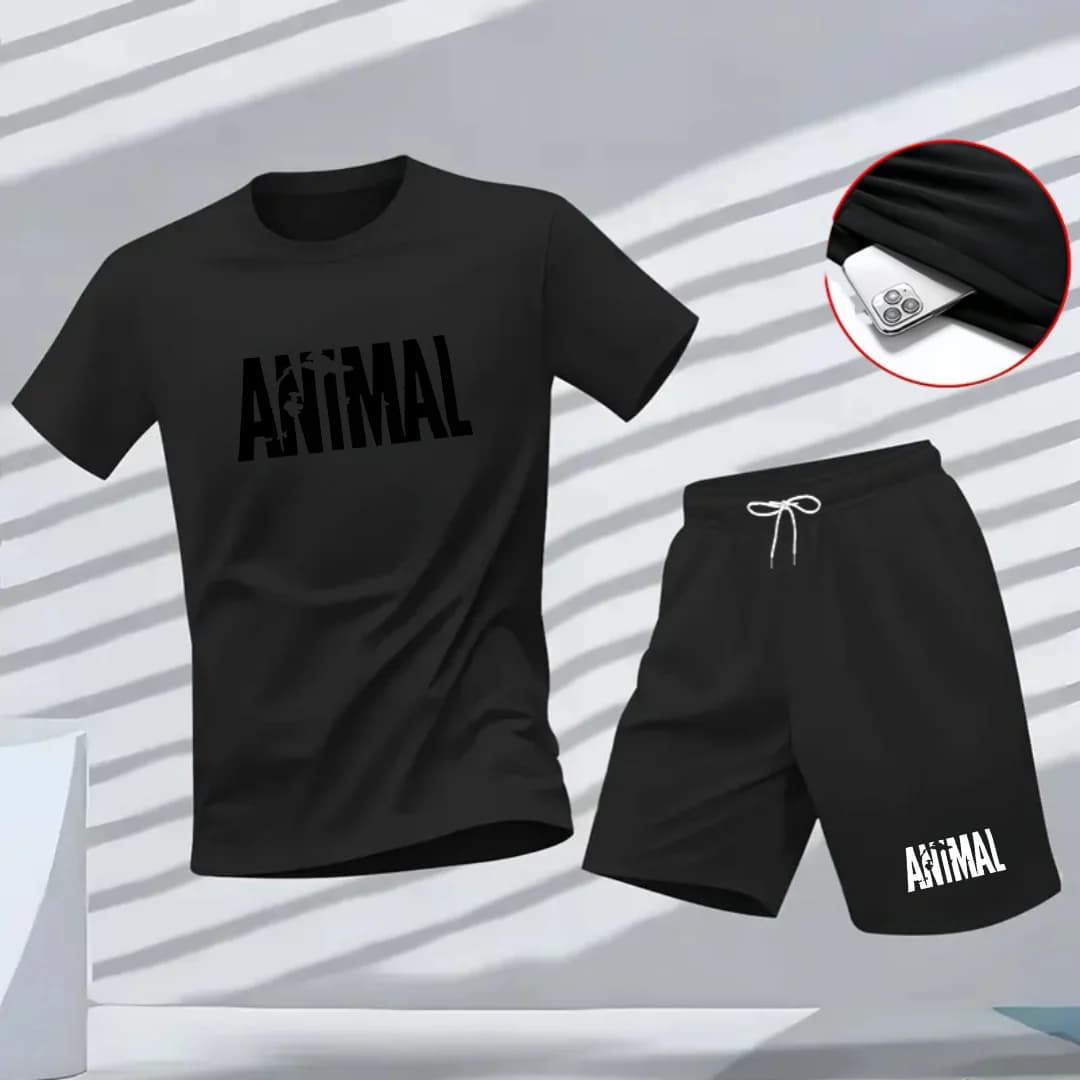 Fashionable men's t-shirt in minimalist style with animal letters, short sleeved sportswear with O neckline, gym top, men's and women's summer streetwear clothing