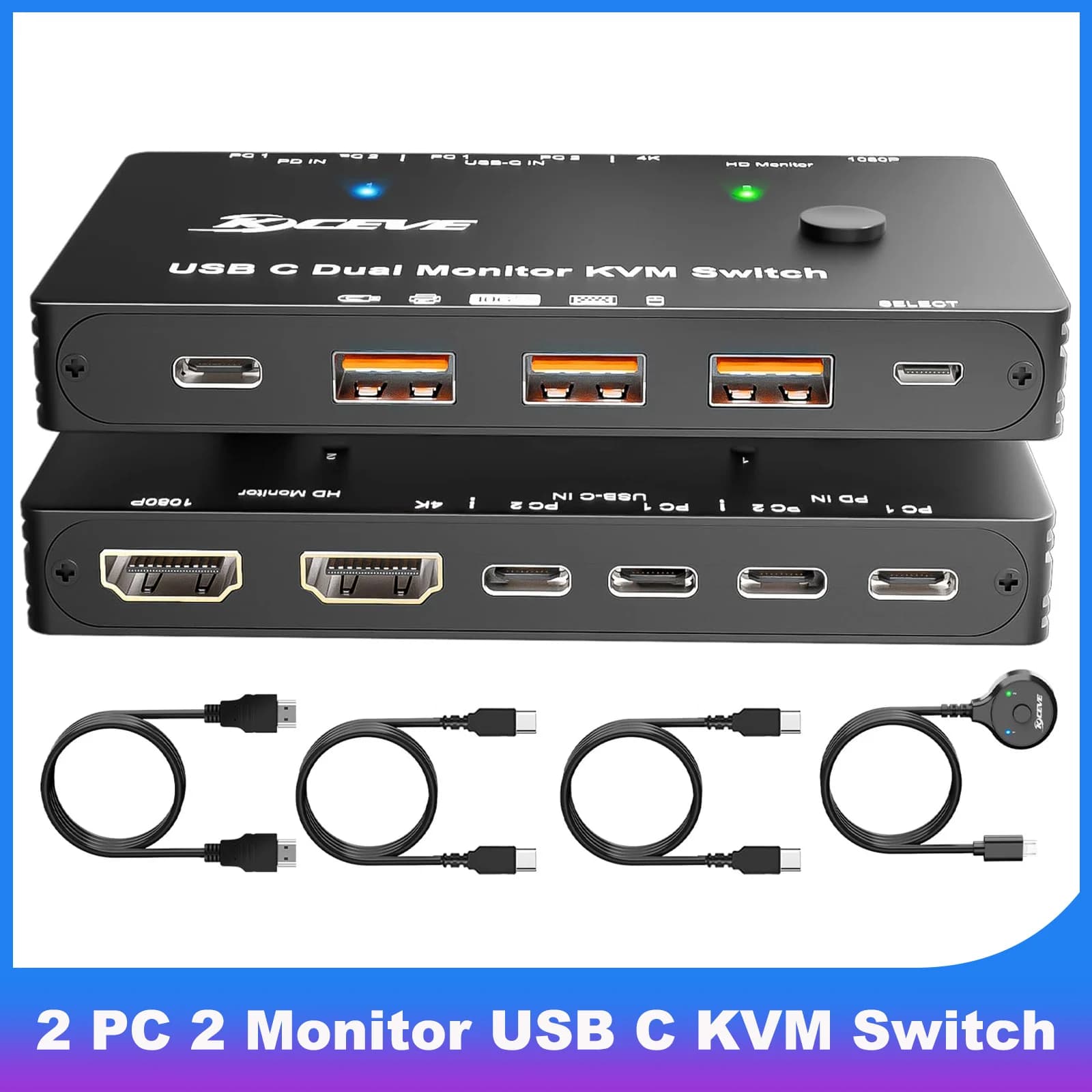 USB C 4K/1080P 60 Hz dual monitor KVM switch for 2 laptop sharing 2 monitors and 10 Gbps 4 USB 3.0 devices, 100 W PD for 2 laptops