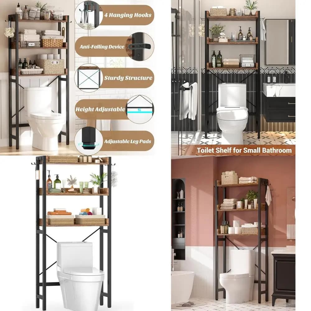 Storage shelf over 3 levels, rustic brown, space saving bathroom organizer with 4 hooks