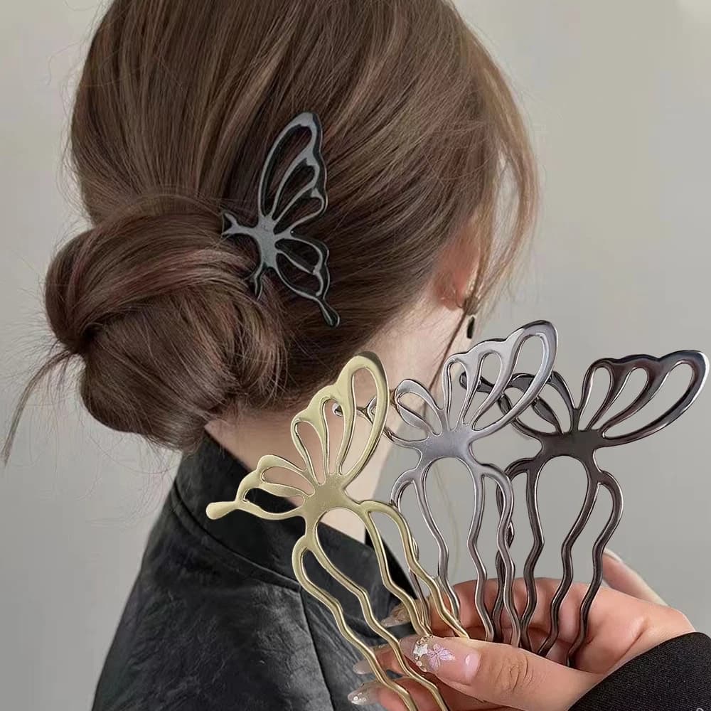 U-shaped Korean hair sticks with butterfly, hair comb, metal clip, hairpin, women's fork, hair styling accessories