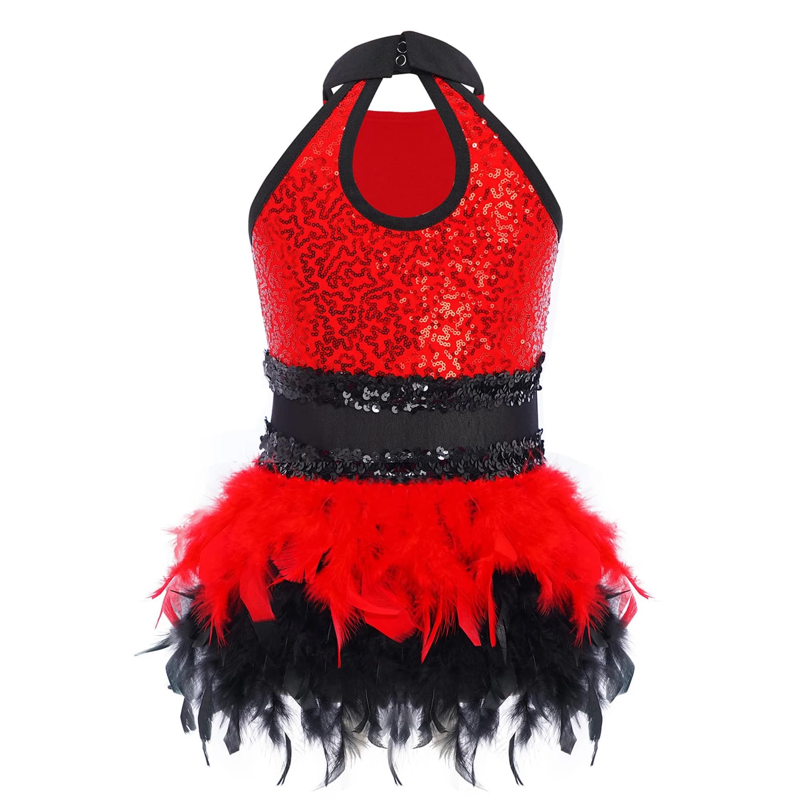 Body per bambina, vestito da ballo latino jazz, pattinaggio su ghiaccio, danza, maglia trasparente, buco della serratura sul retro, paillettes lucide, body per prestazioni di piume