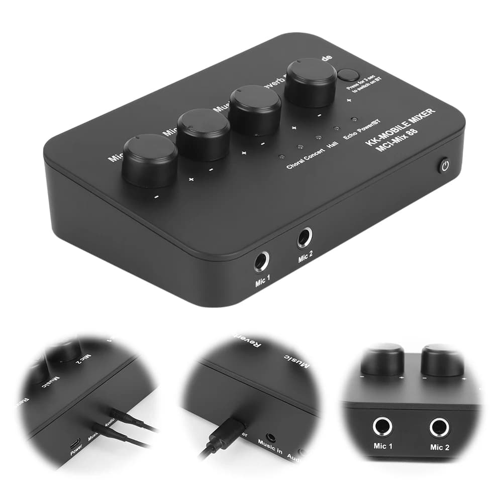 Mixer audio per karaoke compatto Connessione AUX BT da 3,5 mm con 2 ingressi microfoni Macchina per karaoke audio digitale per TV/PC e amplificatore