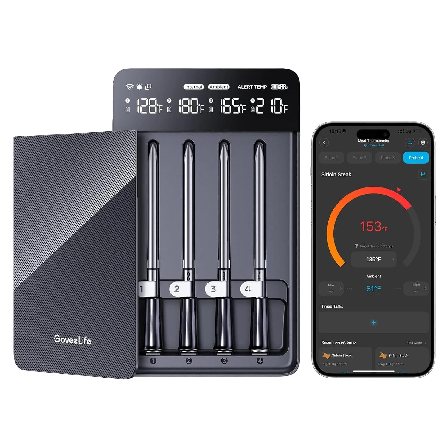 Wireless Smart Thermometer for Meat with 2 probes, WiFi flow rate, 1000m ° Heat resistant for Barbecue and Oven