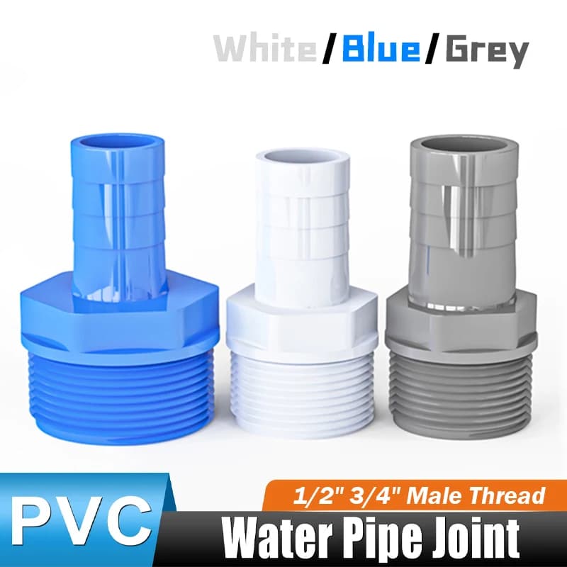 5 pz 1/2 "3/4" PVC Raccordo Per Tubi Filettatura Maschio Tubo Spinato Coda Connettore Giunto Accoppiatore Adattatore OD 8/10/12/16mm Bianco/Grigio/Blu