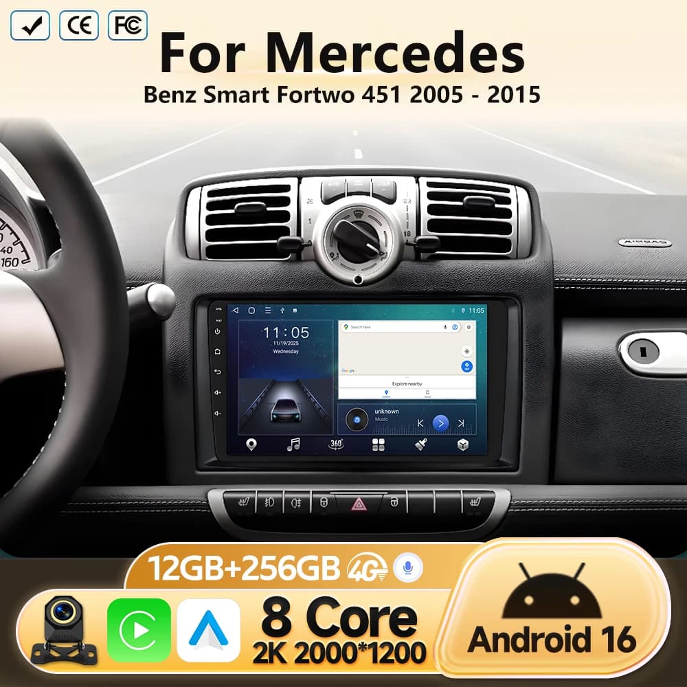Lettore Multimediale Video per Mercedes Benz Smart Fortwo 451 2005 2006-2015 Autoradio Android GPS Navigazione Stereo Senza 2 DIN