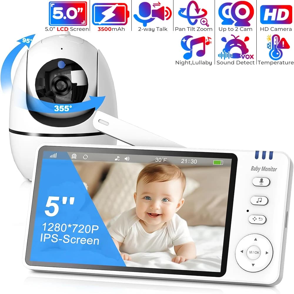 Baby monitor video wireless HD da 5 pollici Pan Tilt Zoom Babyphone Camera Madre Bambini Audio bidirezionale Visione notturna Bebe Nanny Babysitter