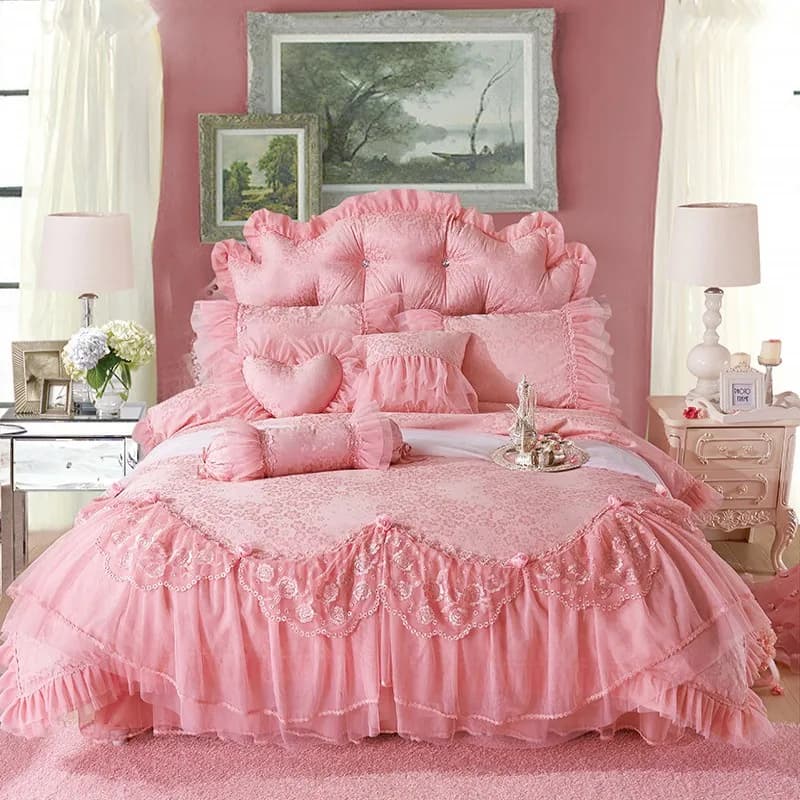 Set copripiumino in cotone satinato jacquard rosa Set biancheria da letto di lusso con ricamo in pizzo Federe con gonna da letto con volant principessa