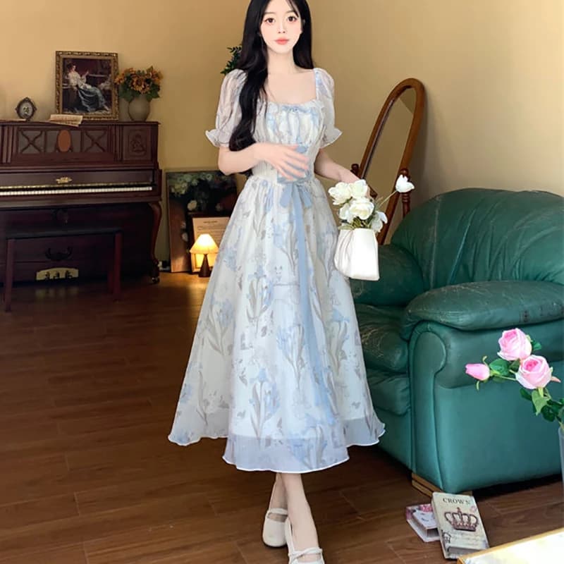 Abito Principessa con Colletto Quadrato, Pizzo e Fiocco Stampato, Nuovo Abbigliamento Femminile Estivo, Vestito Floreale Chic con Maniche a Sbuffo