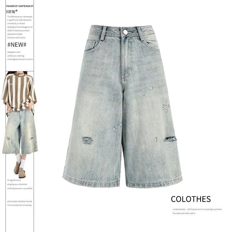 ZHIZOU Women's Blue Denim Shorts, Harajuku Style Vintage Years 2000, Punk, High Life, Gamba Larga, Straps, Y2K, Streetwear