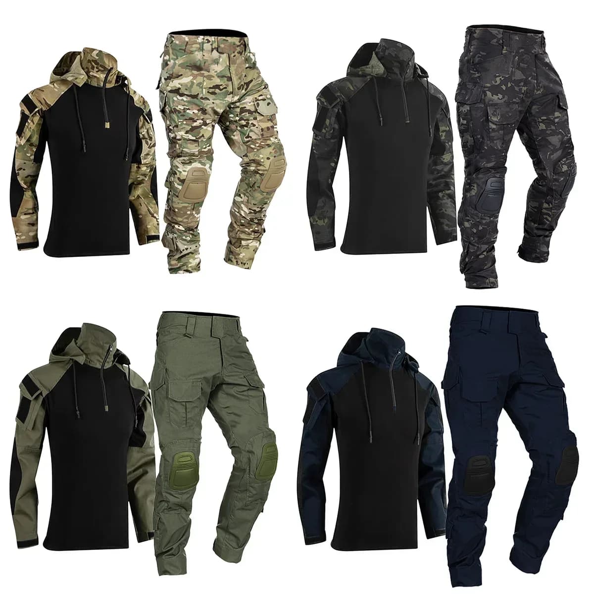Tute tattiche per paintball Abbigliamento da lavoro Abbigliamento mimetico Uniforme Multi tasche Camicie da combattimento Ginocchiere cargo con cappuccio Pantaloni Pantaloni da caccia