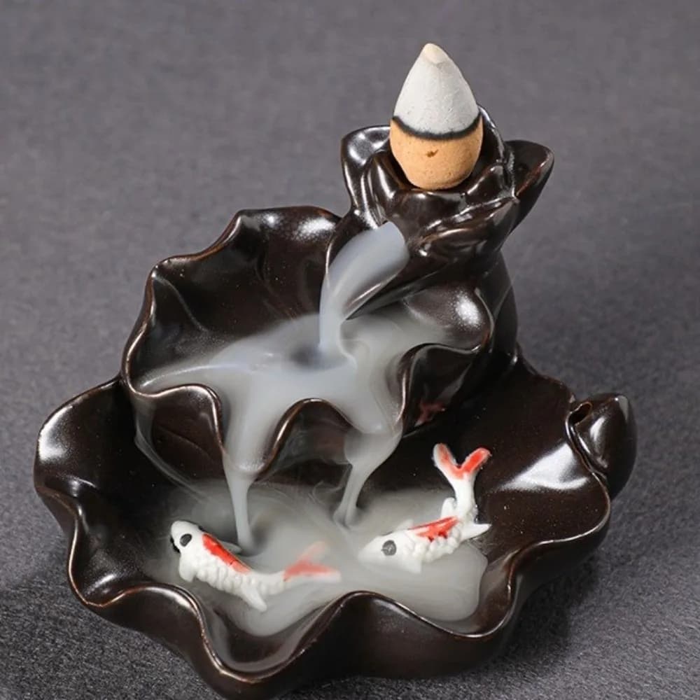 Mini Bruciatore di Incenso a Riflusso a Forma di Pesce Portafortuna, Censiere Decorativa in Ceramica a Forma di Loto per Meditazione