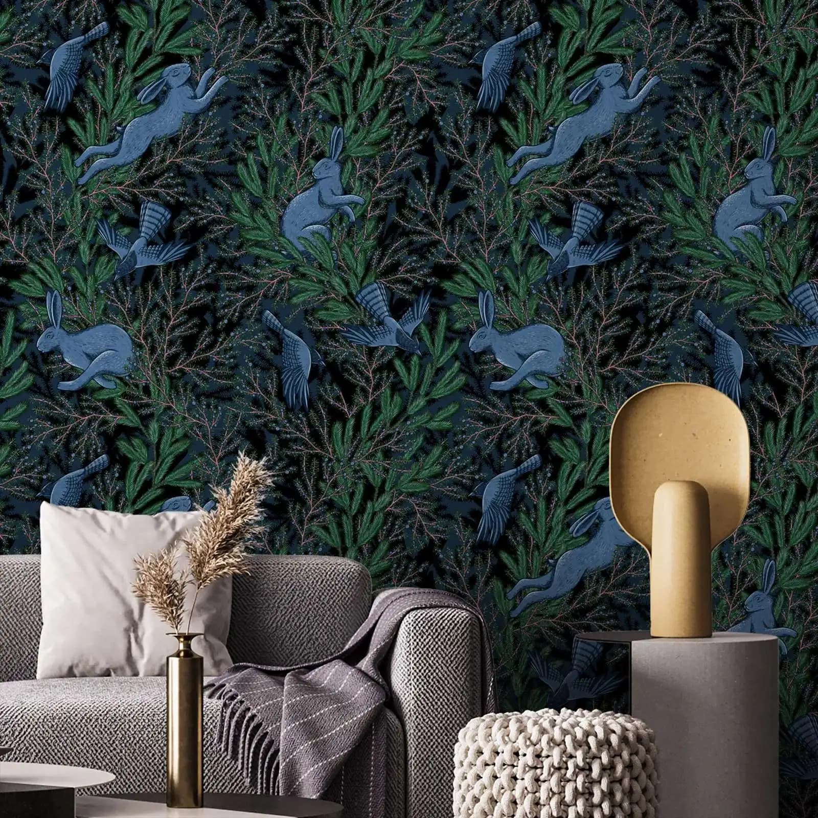 Rabbit Wallpaper Peel and Stick, Vintage Woodland Wall Mural, Woodland Animals Wall Mural Nursery Decor,With Glue Or Without