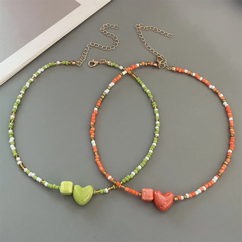 1 pc New Colorul Love Heart Necklace Handmade Rice Beads Fashion Geometric Choker Necklace Bohemian Trendy Neck Jewelry
