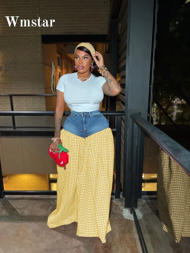 Wmstar Two Piece Set Women Wholesale Denim Patchwork Solid Wide Leg T Shirt Plaid High Waist Loose Wide Leg Pants Dropshopping