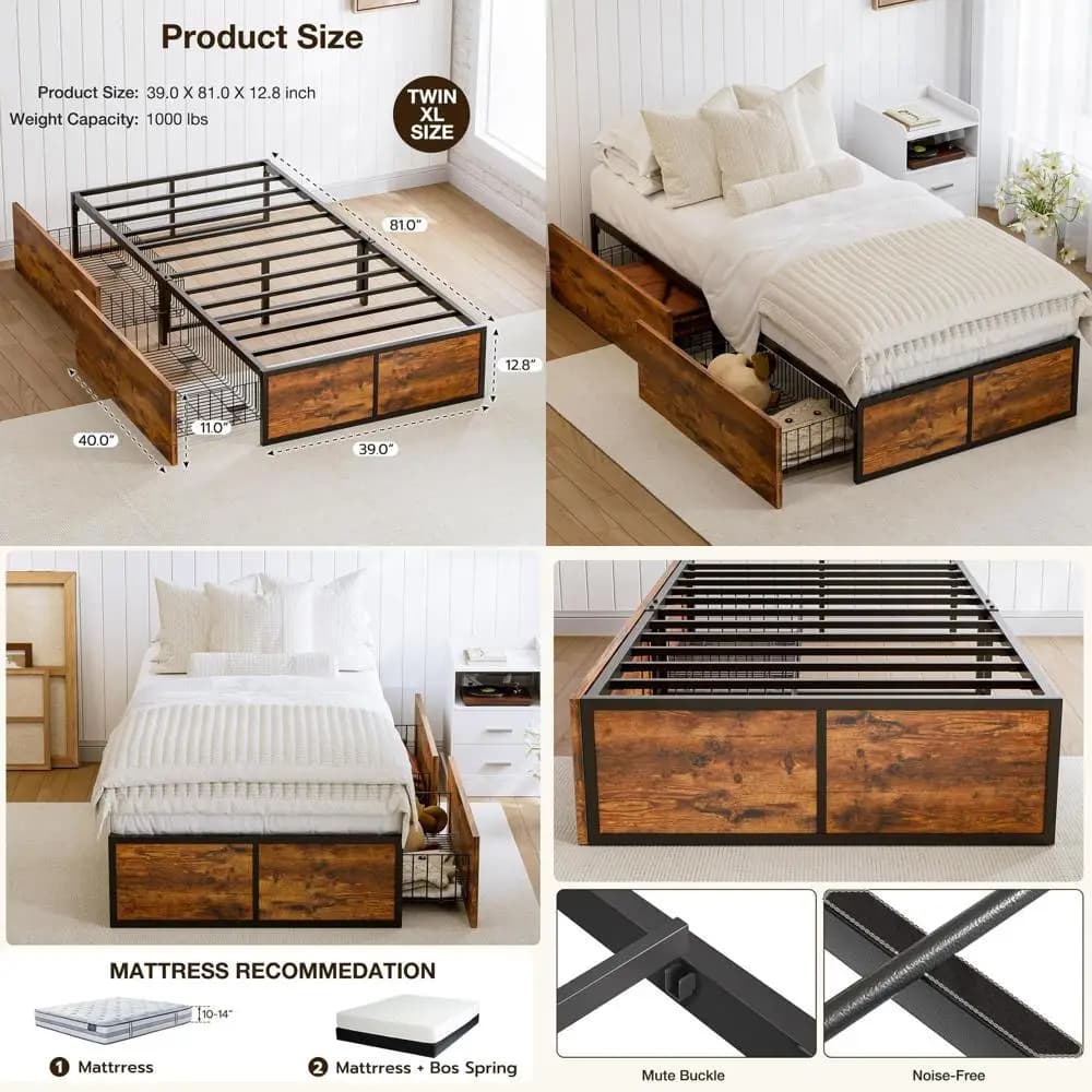 Letto con piattaforma in metallo Twin XL con 2 cassetti XL, non necessita di rete a doghe, facile da montare, salvaspazio, in legno