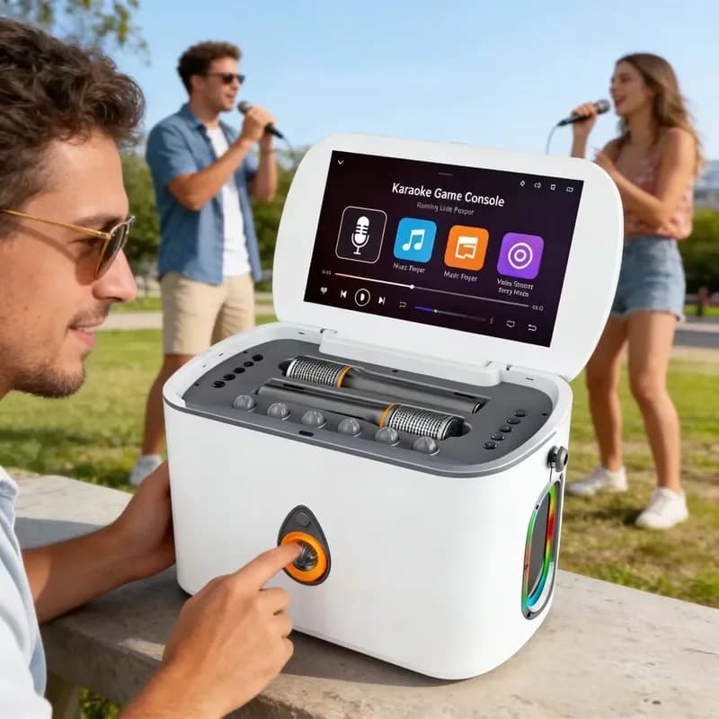 Portable Bluetooth Speaker with 2 Wireless Mics Multifunctional Karaoke Machine Touchscreen Integrated System for Outdoor