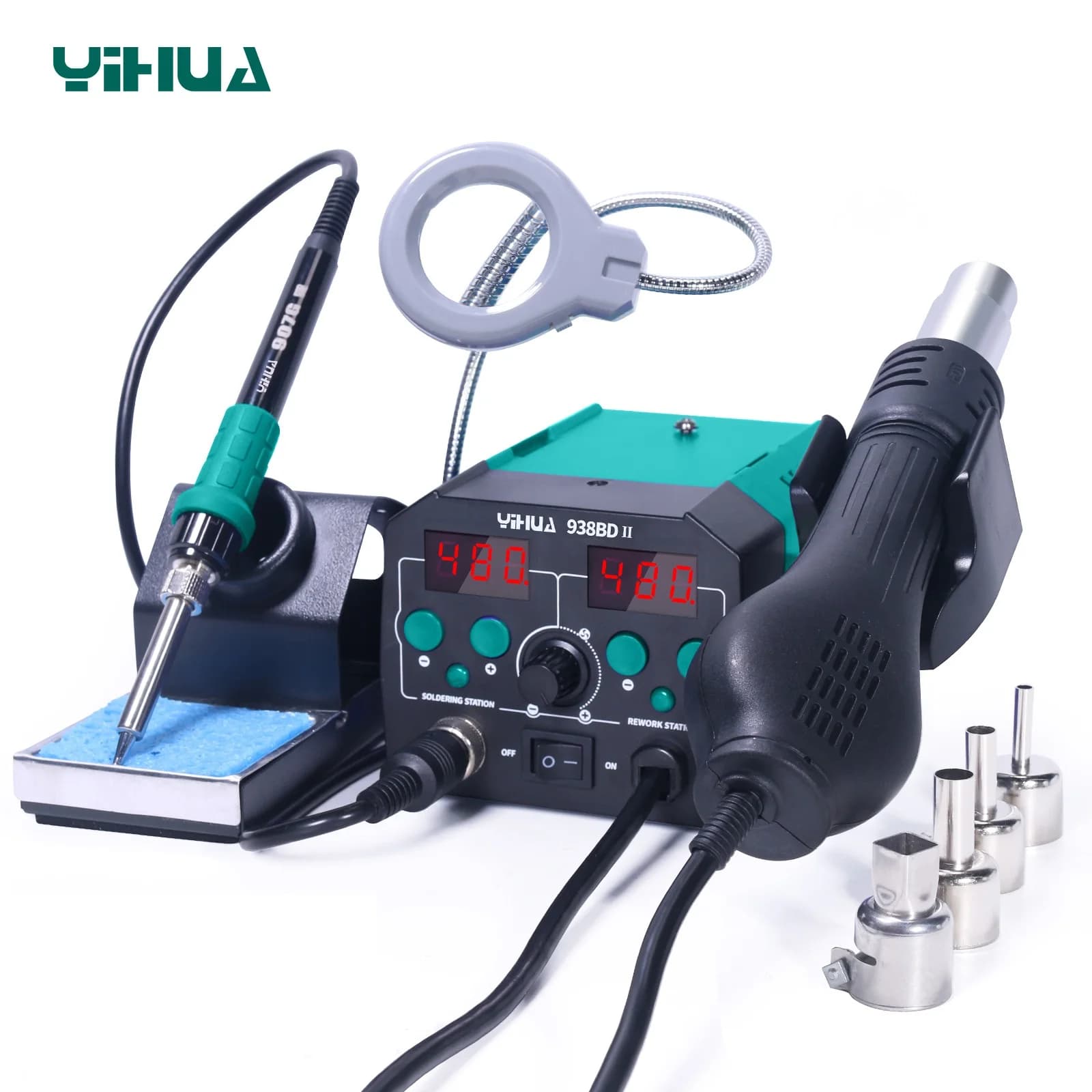 YIHUA 938BD-II Stazione di rilavorazione pistola ad aria calda da 740 W Stazione di saldatura per saldatore con lampada a LED