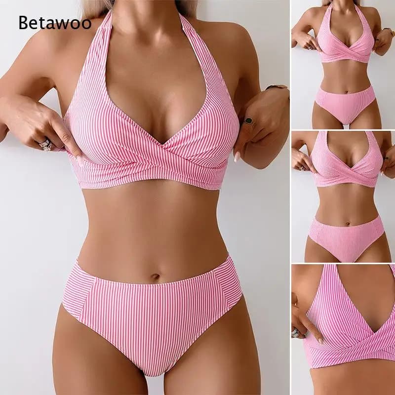 Women Vertical Stripe Halter Wrap Front Bikini High Waist Coverage Split Swimsuit Elastic Quick Dry Beach Swimming Suit
