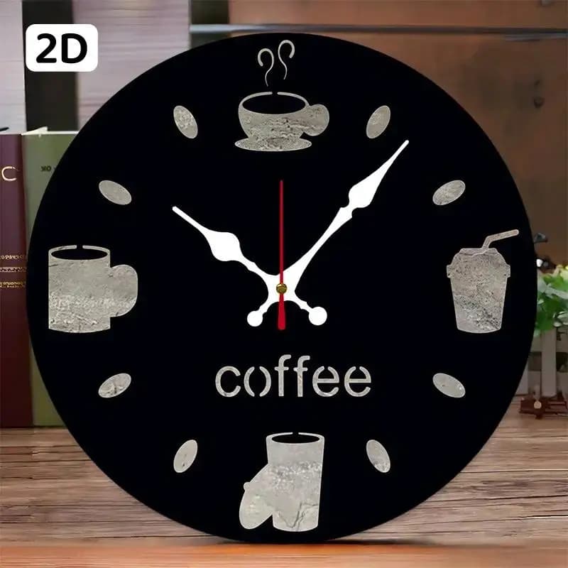 DIY 2D Flat Coffee-Themed Wall Wooden Round Silent Hanging Wall Clock, Suitable For Living Room, Office,Study Room, Bedroom,Home Decoration.