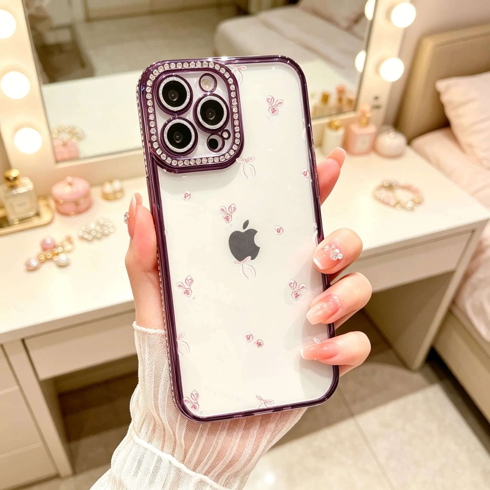 Diamond Electroplated TPU Phone Case for iPhone, Luxury Glitter Phone Case, Purple Rhinestone Camera Frame With Pink Floral Pattern , Luxury Glitter Rhinestone Frame, Built-in Lens Protector, Anti-Slip Shockproof Clear Cover