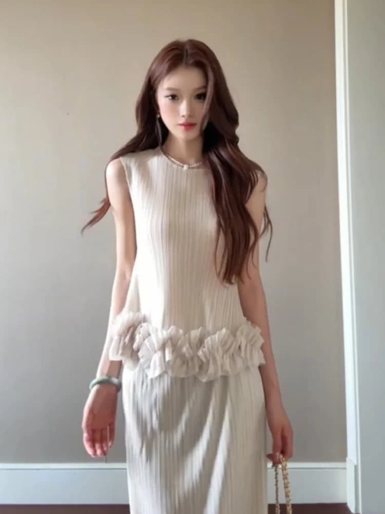 Romantic Beige Texture Wood Grain Pleated Women's Top And High Waist Skirt Set Summer New Fashion Gentle Style
