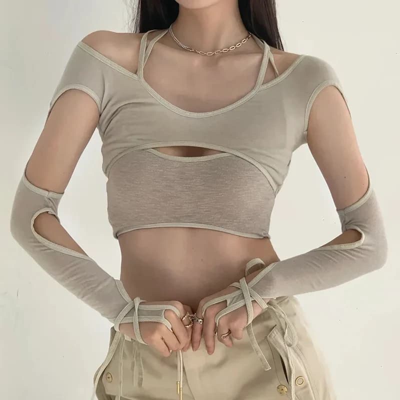 T-shirt a Maniche Lunghe con Design a Due Pezzi Finto e Struttura Traforata 2025, Top Corto con Vita Alta e Ombelico Esposto