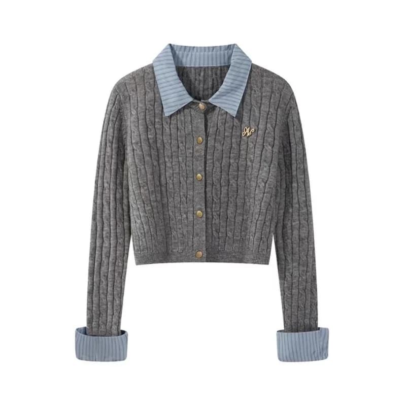 Fake Two-piece Spliced polo Collar Long-sleeved Sweater for Women Autumn and Winter College Style Simple Short Versatile Top