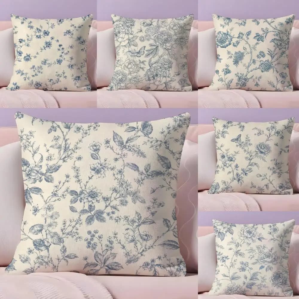 Vintage Blue Toile Florals Cushion Cover Pillow Case Plush Fabric Soft Double Sided Print Home Sofa High Quality Cushion