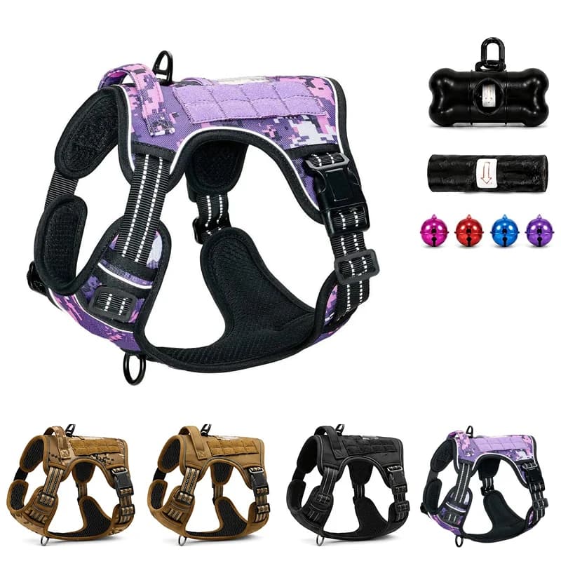 Dog Harness Set Reflective Anti Pull Vest Military Polyester with Handle Poop Bag Dispenser Bell for Training Service Dogs