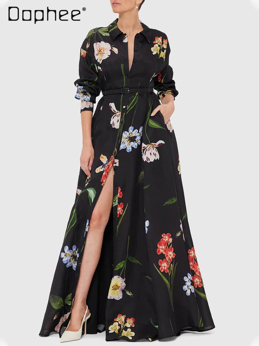 Abito camicia monopetto con temperamento alla moda per donna Abito lungo a pendolo grande con lacci sottile Abiti stampati neri di fascia alta