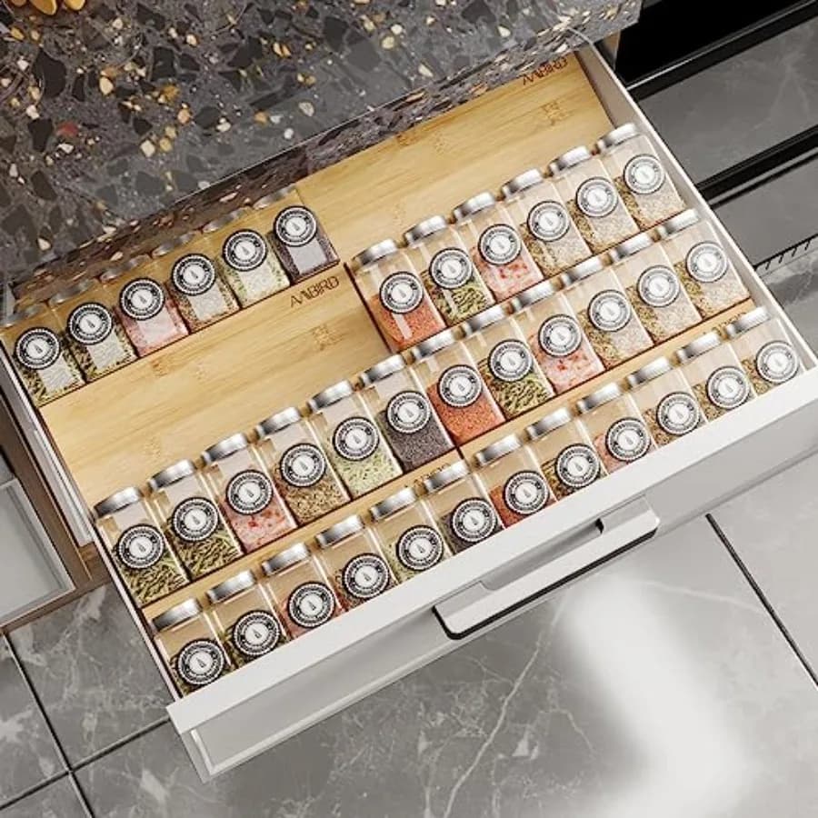 Bamboo Spice Drawer Organizer with Non-slip Mat, 4 Tier - 2 Set Jar Spice Rack Tray From 12''to 24'', Hold up 48 Jars Seasoning
