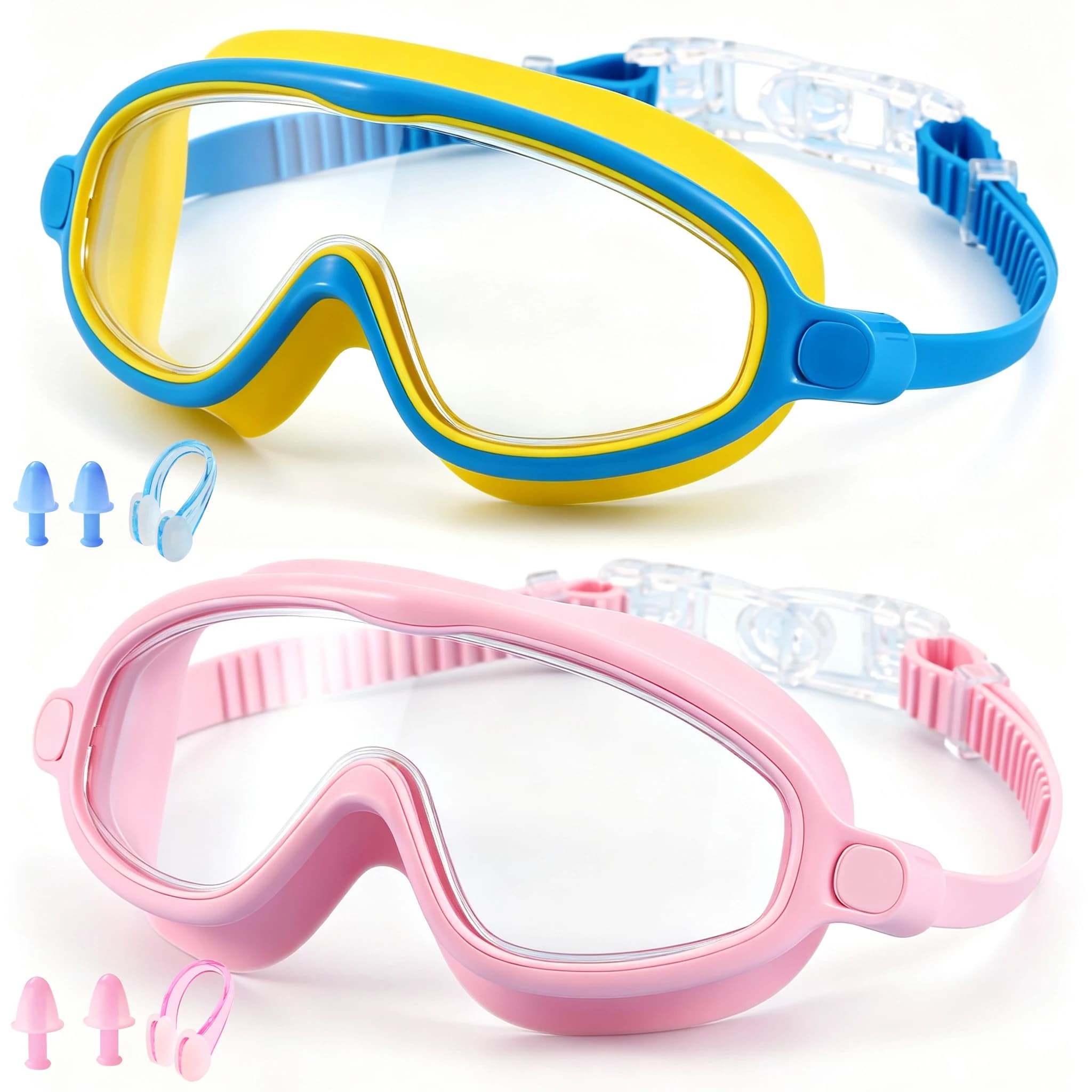 2PCS Swim Goggles, Waterproof Anti-Fog Anti-UV Wide View Swimming Goggles for Kids 3-14