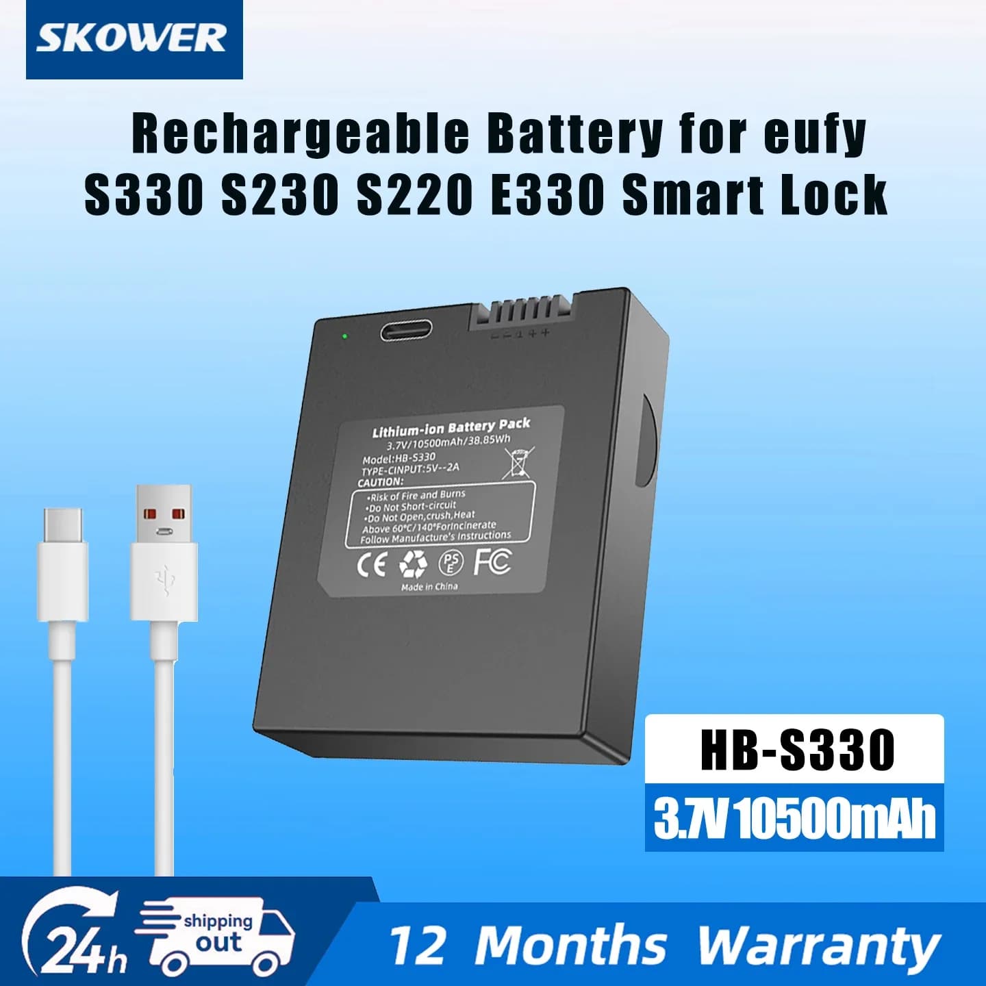 SKOWER 10500mAh Rechargeable Battery For Eufy Security S230 S231 S330 E330 3-in-1 Video Smart Door Lock E31 T8520 T8520s T8531