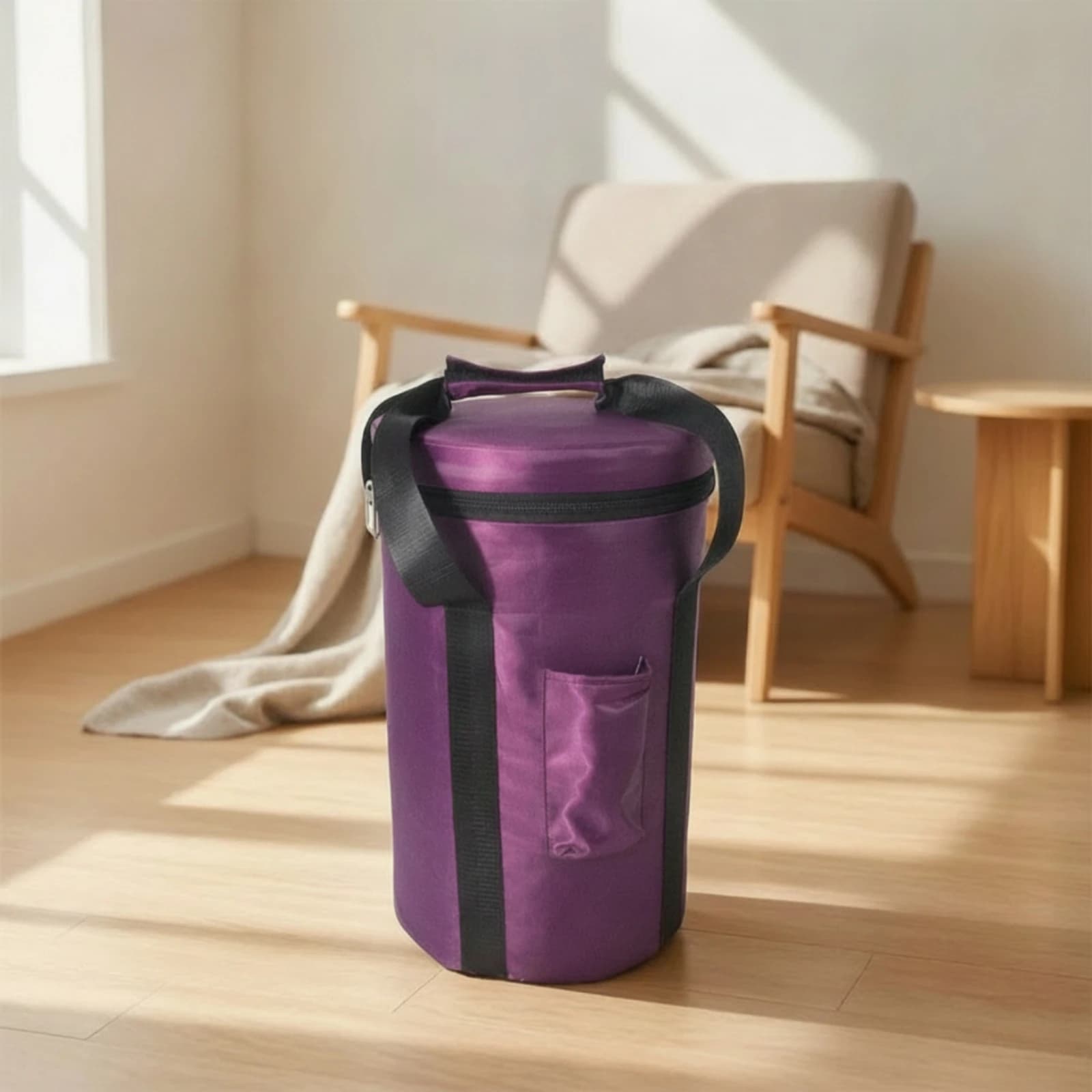 Singing Bowl Case with Side Pocket Structured Singing Bowl Bag with Zipper Cylindrical Bag with Shoulder Strap Easy to Carry
